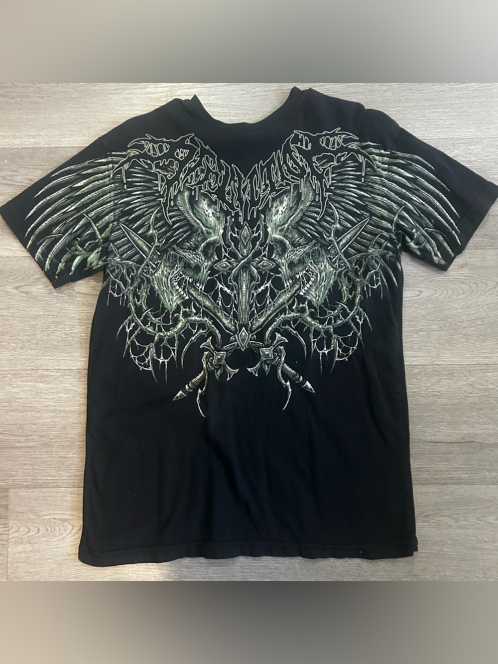 Affliction Black Short Sleeve Tee with Green Skull & Wing Graphic